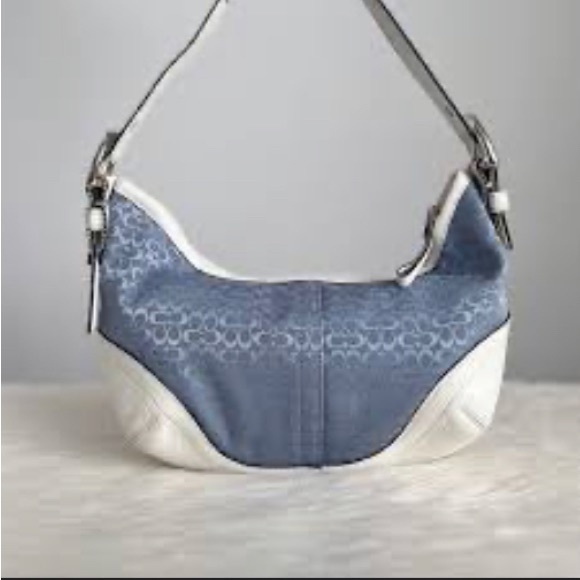 Coach Handbags - Coach Signature Monogram Half Moon Handbag Blue and White